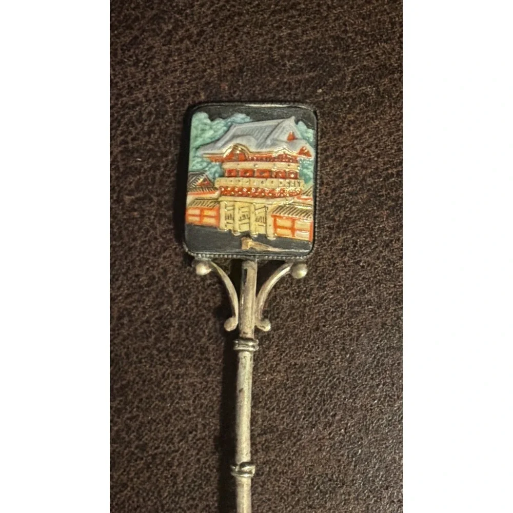 TOSHIKANE Japanese Okame Sterling Silver & Hand Painted Porcelain Souvenir Spoon